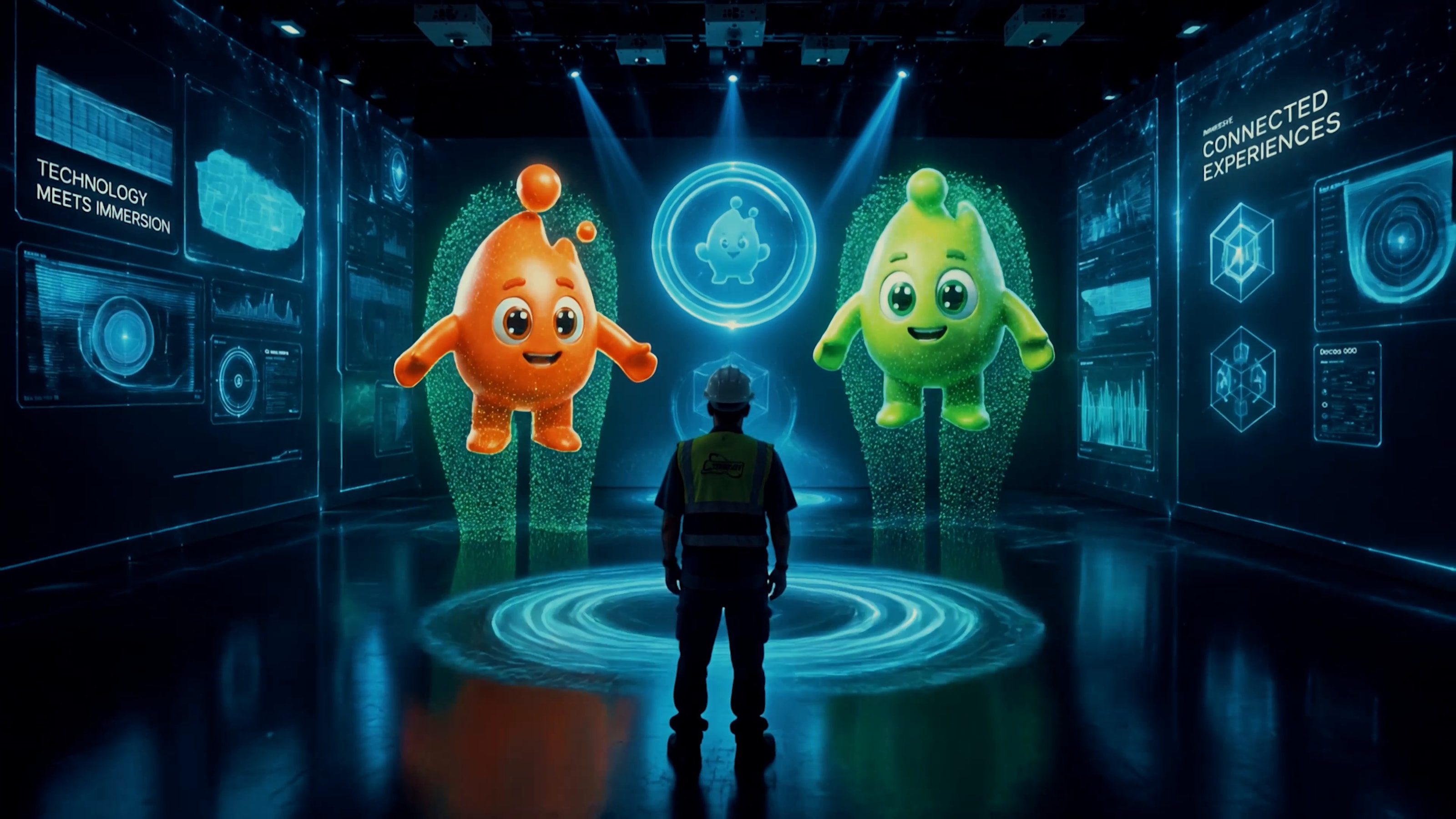 Holographic Colorverse characters greeting a visitor