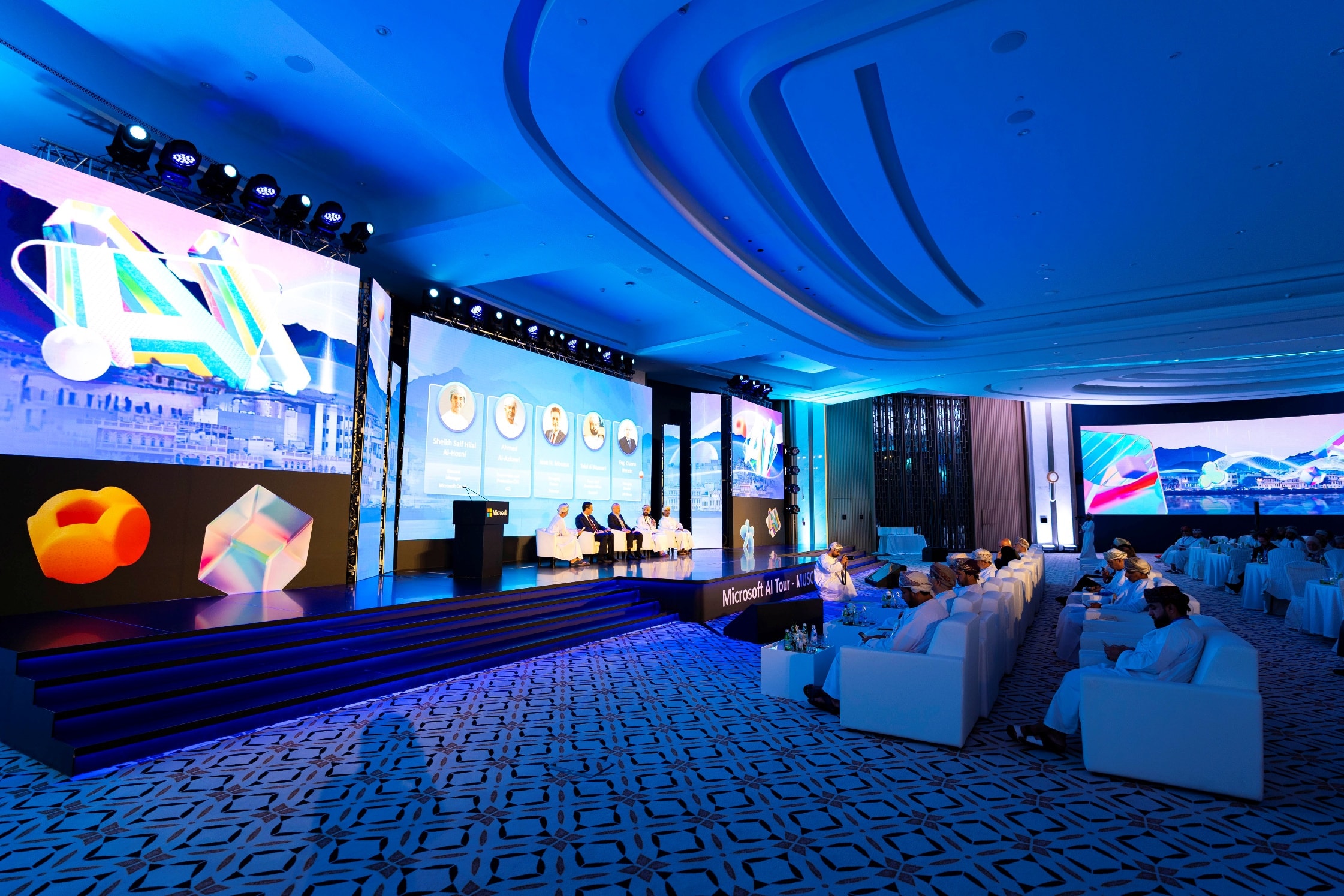 Keynote stage with wraparound LED screens at Microsoft AI Tour Muscat